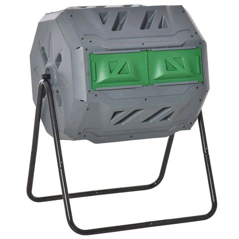 Rootz 2 Bin Compost Bin - 160L Capacity - Rotating Compost Bin - Gray + Green + Black - 71cm x 65cm x 96cm
