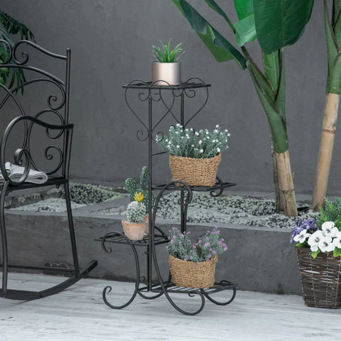 Rootz bloemenstandaard - metalen bloemenstandaard - 4 niveaus plantenrek - bloemenladder - bloemenstandaard voor binnen en buiten - tuin - balkon - zwart - 45 x 24,5 x 80 cm