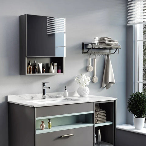 Rootz Mirror Cabinet - 2 Inner Shelves - Open Shelf - Steel Housing - Black - 46 x 13.5 x 58 cm