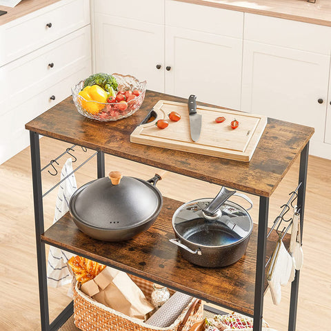 Rootz Kitchen Rack - Sideboard - Storage Rack - 3 Shelves - 6 Hooks - Processed Wood - Metal - Industrial - 80 x 40 x 90 cm