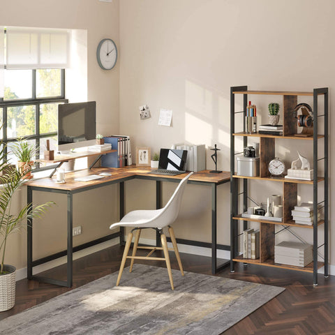 Rootz L-vormig bureau met schermstandaard voor studeren, gamen, werken - verstelbare poten - metalen frame - rustiek bruin - (140 x 130 x 76/91,5 cm)