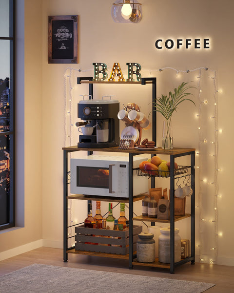 Rootz Kitchen Shelf with Metal Basket - Baker's Shelf with 6 S-Hooks and Shelves - Microwave Shelf - Spice Rack - Rack for Pots and Pans, Industrial Design