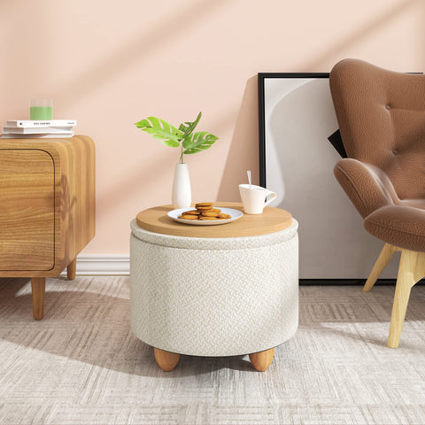 Rootz Hocker - Multifunctional Ottoman - Footstool with Storage - Seating Cube - Padded Stool - Furniture Storage Box - Cream White - Ø39x33 cm
