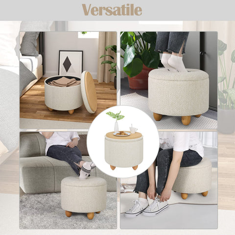 Rootz Hocker - Multifunctional Ottoman - Footstool with Storage - Seating Cube - Padded Stool - Furniture Storage Box - Cream White - Ø39x33 cm