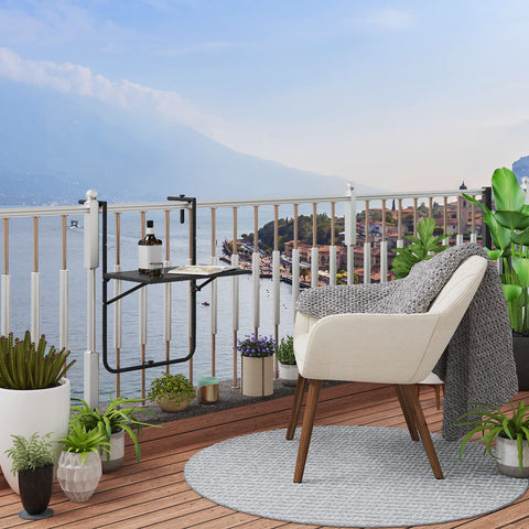 Rootz Hanging Balcony Table - Terrace Table - Deck Stand - Patio Desk - Outdoor Surface - Balustrade Counter - Rail Furniture - Black - 60x36 cm