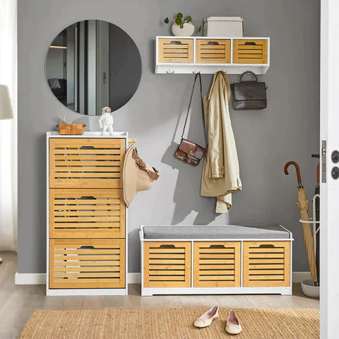 Rootz Storage Bench with 3 Drawers & Seat Cushion-Shoe Cabinet Storage Unit Bench