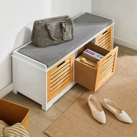 Rootz Storage Bench with 3 Drawers & Seat Cushion-Shoe Cabinet Storage Unit Bench