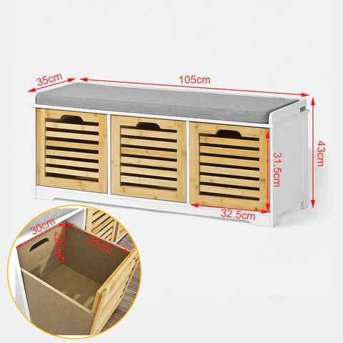Rootz Storage Bench with 3 Drawers & Seat Cushion-Shoe Cabinet Storage Unit Bench