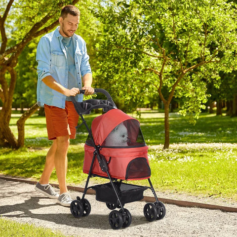 Rootz Pet Stroller - Foldable Cat Dog Pushchair - Pet Travel Carriage with 4 Wheels - Adjustable Canopy - Safety Leashes - Storage Basket and Cup Holder for Small Dogs - Red - 67 x 45 x 96 cm