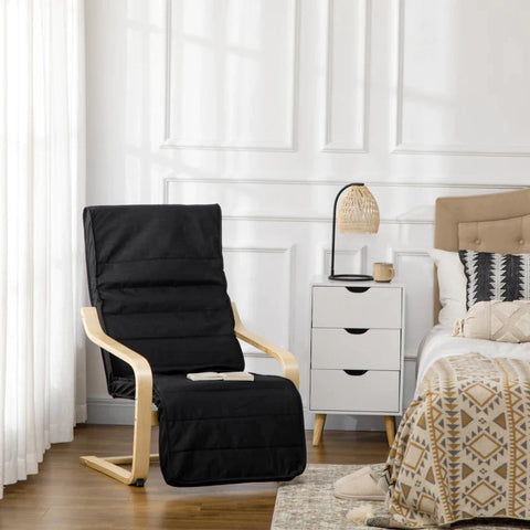 Rootz Relaxation Chair - Lounger - Adjustable Footrest - Cushion - Cotton Fabric - Wood + Black - 66.5 x 94 x 100cm