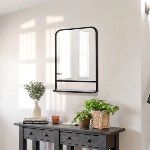 Rootz Wall Mirror - Modern Square Wall Mirror with Storage Shelf - Metal Frame - Rounded Edges - Black + Silver - 70cm x 10.2cm x 50cm