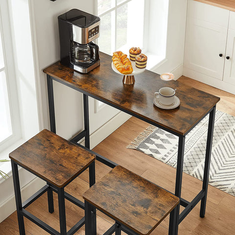 Rootz Bartisch-Set – Esszimmer-Set – Hochtisch – 2 Hocker – Braun – Schwarz – verarbeitetes Holz – Metall 