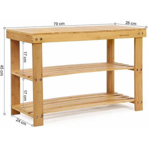 Rootz Schuhregal, Schuhschrank mit Bank, Bambus-Schuhbank mit 3 Ablagen – Badregal – 70 x 28 x 45 cm