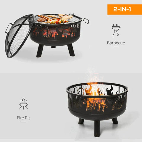 Rootz 2-in-1-Feuerstelle – Feuerstelle mit Funkenschutz – Feuerstelle mit Grillkochen – Grillrost – Garten – BBQ – Schwarz – Ø61,5 x 52 H cm