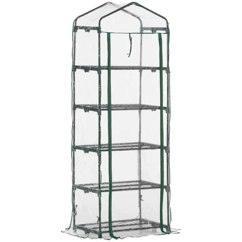 Rootz Foil Greenhouse - Mini Greenhouse With 5 Shelves For Growing Flowers Or Vegetables - Steel - Plastic - Transparent + Green - 69 x 49 x 193 cm