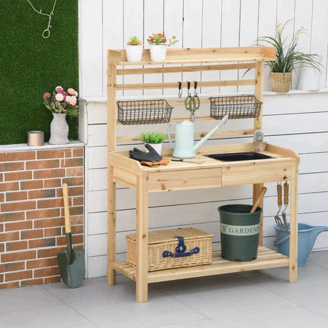 Rootz Planting Table - Gardening Table with Wash Basin - Wooden Flower Table with Drawer - Hook - Basket - Shelf - Garden - Terrace - Natural - 107.5 x 46 x 142 cm