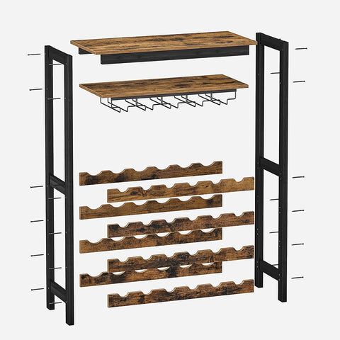 Rootz Wijnrek met Glashouders - Wijnhouder - Flessenrek - Staand - Industrieel - Bruin en Zwart - 66 x 30 x 100 cm