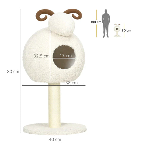 Rootz Scratching Post - With Cat House - Cat Tree - Sheep Design Including Cat Cave - Washable Cushion - Cream White/Brown