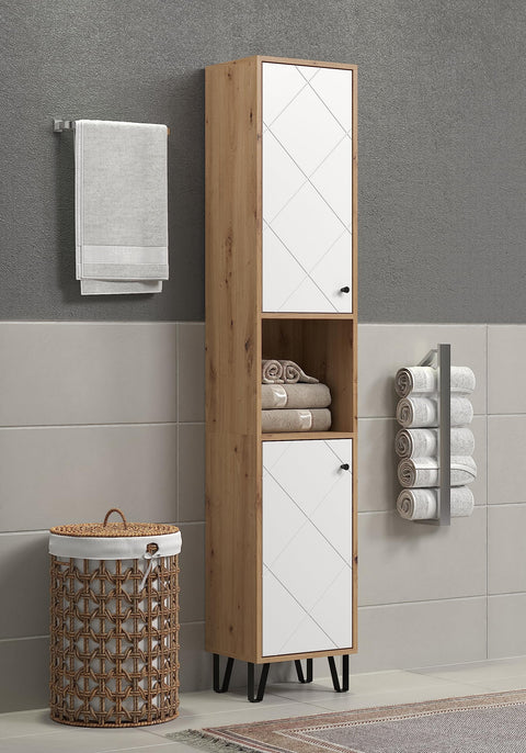 Rootz Tall Bathroom Cabinet - Storage Unit - Washroom Organizer - Bath Furniture - Towel Stand - Shelving System - White Matt Lacquer with Artisan Oak - 36 x 191 x 29 cm