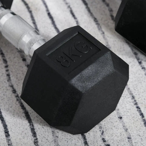 Rootz 2 x 8 KG Hexagonal Dumbbells - Rubber Dumbbell - Knurled Handle - Sports Hex Weights Sets - Weight Lifting Exercise - Home - Gym - Black
