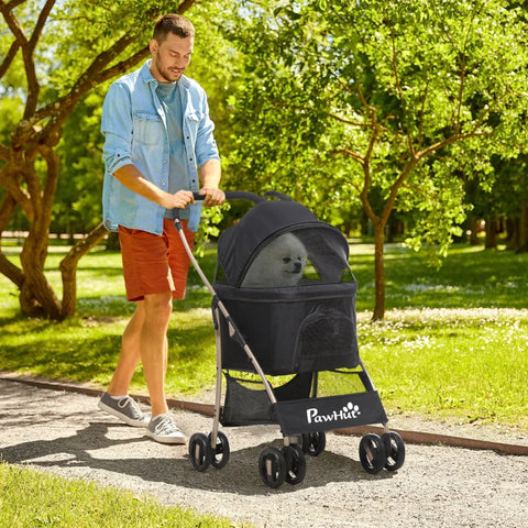 Rootz 2-in-1 Folding Dog Stroller - Transport Basket - Carrying Bag with Universal Wheel - 1 Basket - 1 Bag - Canopy Basket - Black - 82cm x 49.5cm x 98cm