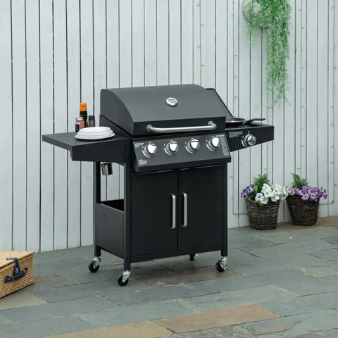 Rootz Gasgrill – BBQ mit 3 Brennern – mobiler Grillwagen mit 4 Rädern – Grillnetz – Beistelltische – Druckminderer – Schlauchschrank – Multifunktion – Stahl – Schwarz – 132,4 cm x 55 cm x 109 cm