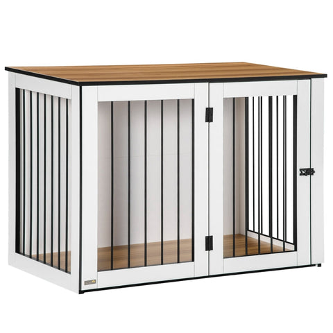 Rootz Dog Cage - 2-in-1 Design Dog Crate - Lockable  - Steel - Chipboard - Dark Walnut + White - 106cm x 60cm x 76cm
