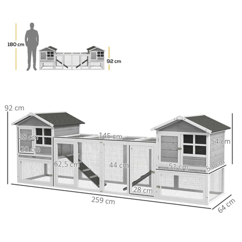 Rootz Small Animal Hutch - Double Main House - Guinea Pig Hutch - Bunny Run - Wooden Small - Run Box - Slide-out Tray - Ramp - Grey - 259 x 64 x 92cm