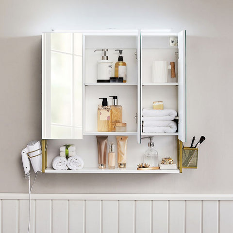 Rootz Spiegelschrank – Badezimmerschrank – Wandspiegelschrank – Spiegelschrank mit Beleuchtung – Badezimmer-Aufbewahrungsschrank – Spanplatte/Stahl/Glas – Weißgold – 70 x 14,5 x 70 cm