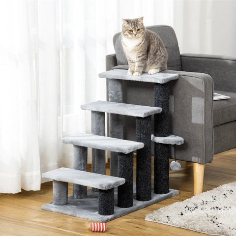 Rootz Pet Stairs - Cat Stairs with Scratching Post - 4-Step Dog Stairs - Animal Stairs - Chipboard - Plush - Grey - 60 x 40 x 64 cm