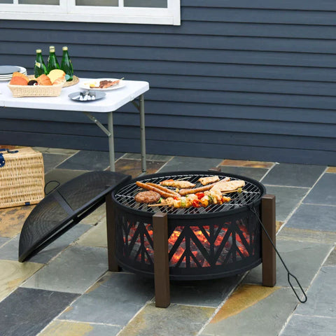 Rootz 2-in-1-Feuerstelle – Feuerstelle mit Funkenschutz – Feuerstelle mit Grillkochen – Grillrost – Garten – BBQ – Schwarz/Braun – Ф78 x 60H cm