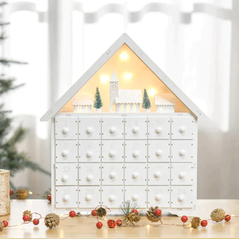 Rootz Kerst Adventskalender - Kerstkalender Met LED Verlichting - Met 24 Draw Boxes - 2-in-1 Design Kerstdecoratie - Wit - 39 x 9 x 42 cm