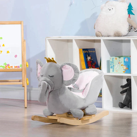 Rootz Kids Rocking Elephant - Rocking Elephant - Safety Belt - Padded Saddle - Sound Function - Gray/Pink - 60 cm x 33 cm x 45 cm