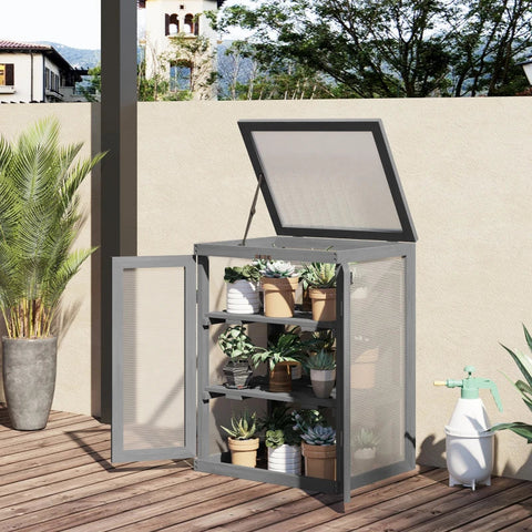 Rootz Greenhouse - Transparante Greenhouse - 3-laags Wood Greenhouse - Tuin Polycarbonaat Cold Frame - Grow House - Opslagplank - Voor Planten Bloemen - Donkergrijs - 58L x 44B x 78H cm