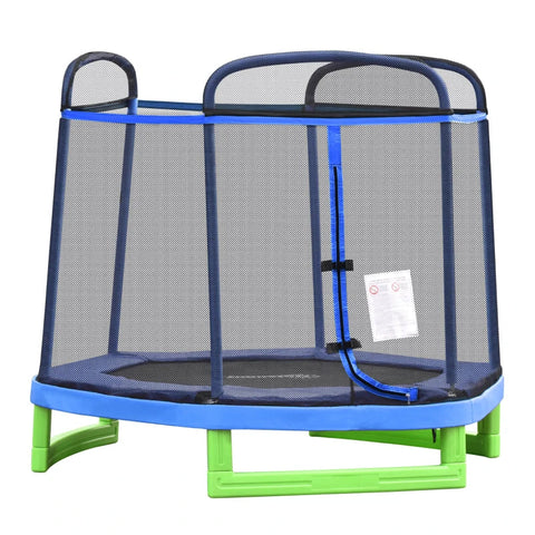 Rootz Kindertrampolin – Kindertrampolin mit Sicherheitsnetz – Kleinkindtrampolin für drinnen und draußen – Fitnesstrampolin – Gartentrampolin – Blau/Grün – 215 x 200 x 190 cm
