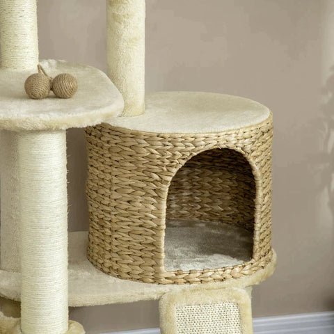 Rootz Scratching Post - Cat Tree - With Cat House - Multiple Platforms - Hammock - Scratch Mat - Anti-tips - Beige - 60 x 60 x 150cm
