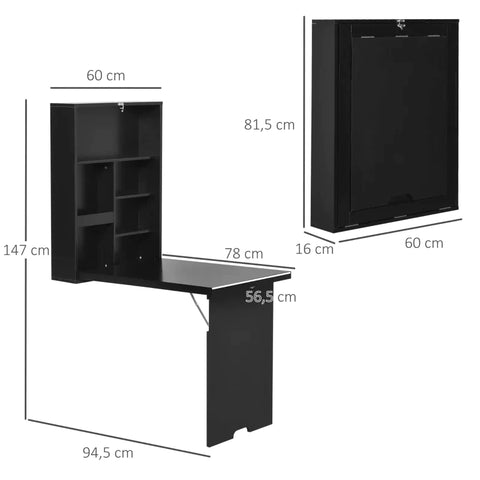 Rootz Wandtisch – Klappbarer Klapptisch zur Wandmontage mit Tafelablage – Multifunktion – Schwarz – 60 cm x 94,5 cm x 147 cm