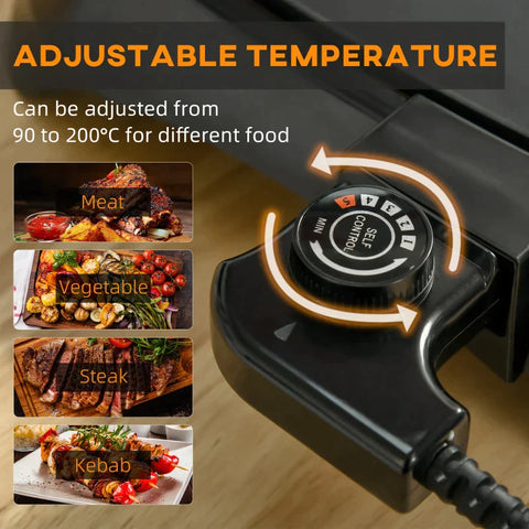 Rootz Electric Grill - Table Grill - Electric With Adjustable Thermostat - Non-stick Coated Grill Plate - Teppanyaki With Drip Tray - Black - 53.5 x 31 x 8 cm