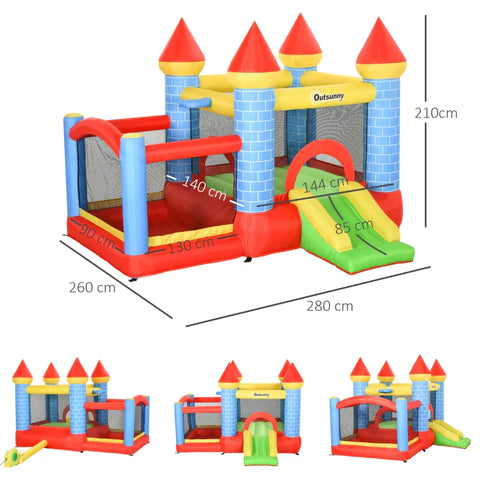 Rootz Aufblasbare Hüpfburg mit Rutschenbecken – Kinderburg mit Gebläse – Rot + Blau + Grün – 280 x 260 x 210 cm