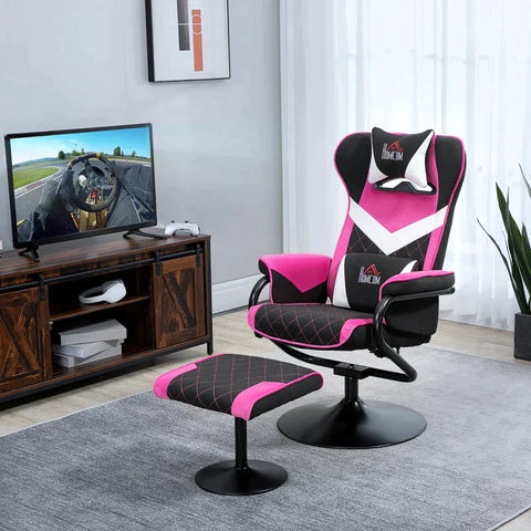 Rootz Relax Chair - Relaxation Chair - Gaming Chair - With Stool - Tiltable Backrest - Swivel Seat - Polyester/Foam/Metal - Black/Pink - 67 x 78.5 x 102.5cm