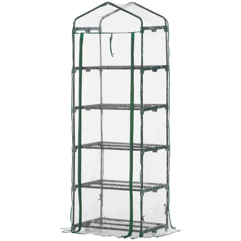 Rootz Foil Greenhouse - Mini Greenhouse With 5 Shelves For Growing Flowers Or Vegetables - Steel - Plastic - Transparent + Green - 69 x 49 x 193 cm