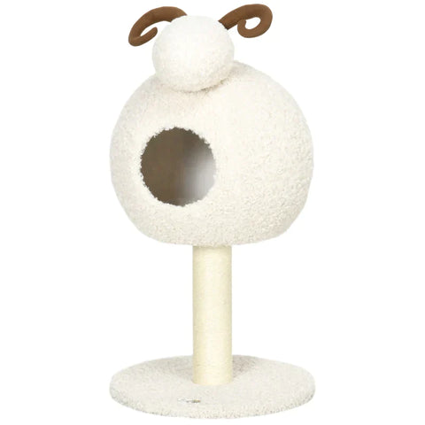 Rootz Scratching Post - With Cat House - Cat Tree - Sheep Design Including Cat Cave - Washable Cushion - Cream White/Brown