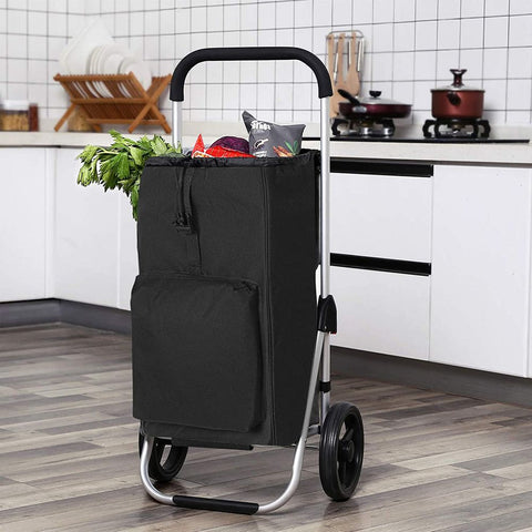 Rootz Shopping Trolley - Shopping Trolley With Large Capacity - Grocery Trolley - Shopping Cart - Portable Shopping Trolley - Shopping Trolley With Handle - 600D Polyester - Black - 47 x 33 x 97 cm