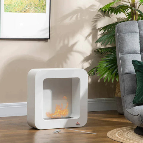 Rootz Ethanol Fireplace - Bio-ethanol Burner - Fire Bowl - 2.5 Hours Burning Time - Wall Fireplace With Fire Extinguisher Lid - Stainless Steel - Metal - White - 48 x 18 x 48 cm