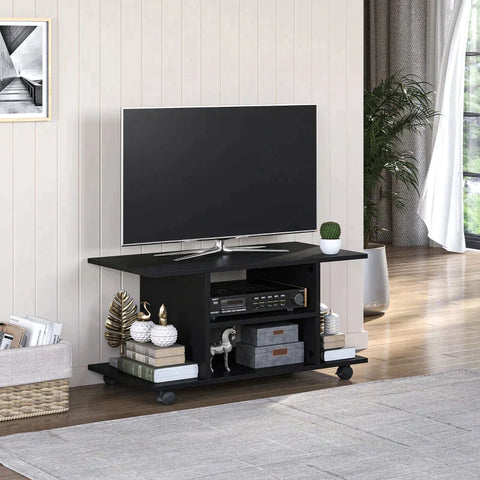 Rootz TV Bench - TV Cabinet - 4 Shelves - Open Back Wall - 4 Castors - Wood - Black - 80 cm x 40 cm x 40 cm