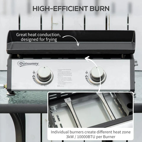 Rootz Gas Grill with 2 Burners - Hose - Non-Stick Grill Plate - Stainless Steel - Silver - 48.5 x 46 x 21 cm