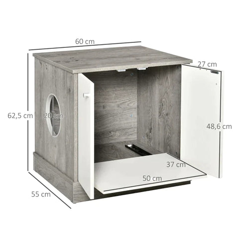 Rootz Cat Cabinet for Litter Box - Litter Box - Side Table - Cat House with Door -  Bedside Table - Grey Oak + White - 60 x 55 x 62.5 cm
