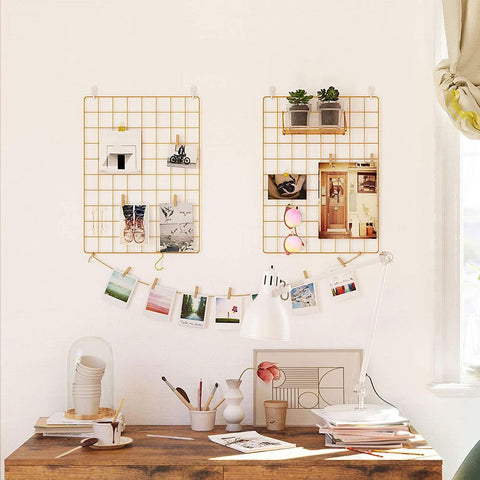 Rootz Photo Wall Made - Photo Wall Made Of Wire Mesh - Grid Plate - S Hooks - Hemp Cord - Foldback Clamps - Wooden Clamps - Non-marking Wall Hooks - Hammer - Gold - 42 x 31 cm