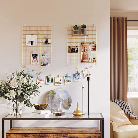 Rootz Photo Wall Made - Photo Wall Made Of Wire Mesh - Grid Plate - S Hooks - Hemp Cord - Foldback Clamps - Wooden Clamps - Non-marking Wall Hooks - Hammer - Gold - 42 x 31 cm