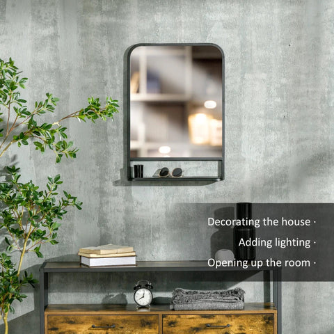 Rootz Wall Mirror - Modern Square Wall Mirror with Storage Shelf - Metal Frame - Rounded Edges - Black + Silver - 70cm x 10.2cm x 50cm